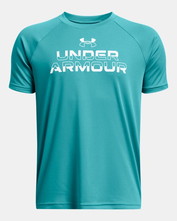 Jongensshirt UA Tech™ Split Wordmark met korte mouwen, Blue, pdpMainDesktop image number 0